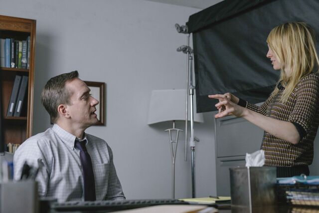 Matthew Macfadyen and Kitty Green discuss a scene in The Assistant. — Photographer… Ty Johnson
