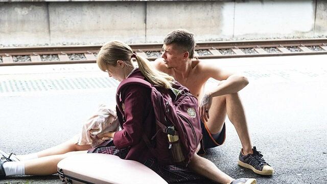 “Who else can pull off shorts like that?”—Toby Wallace with Eliza Scanlan in a scene from Babyteeth.
