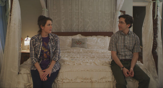 Lynskey, as Hannah, with Lady of the Manor director and co-writer Justin Long as Max, her academic love interest.