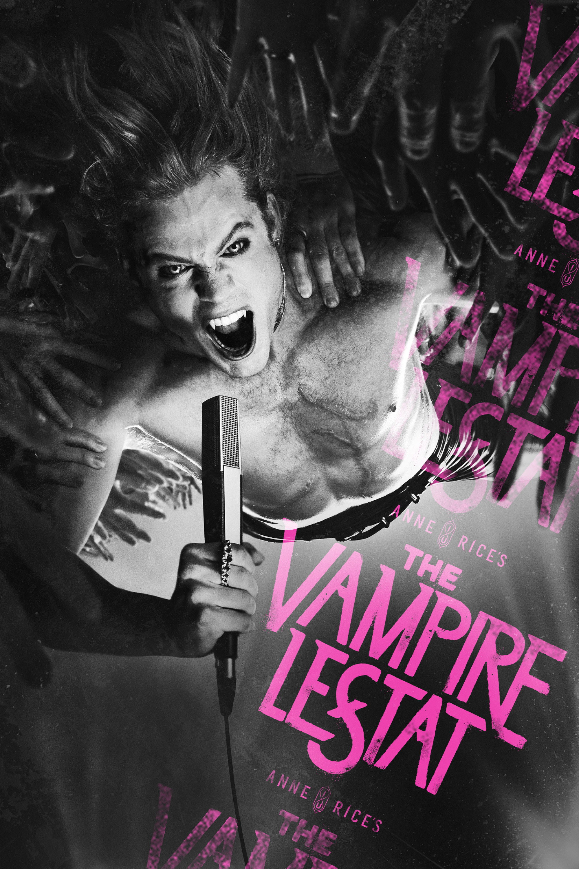 the television poster for The Vampire Lestat, featuring Sam Reid upside down and carried on a wave of fans. The show's title is in hot pink text, contrasting with the rest of the photo in greyscale.