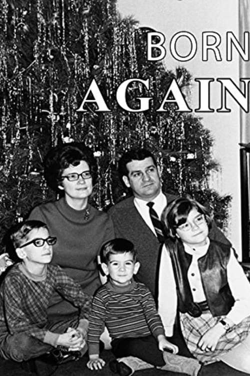 movie poster for Born Again featuring a black and white photo of a prototypical white family from the 60's in front of a christmas tree