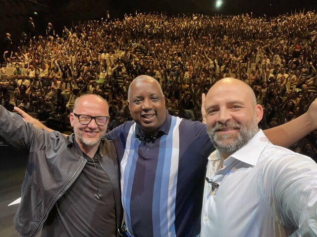 Thompson, Powers, Dos Santos and the Annecy 2022 animation crowd. — Photographer… Kemp Powers