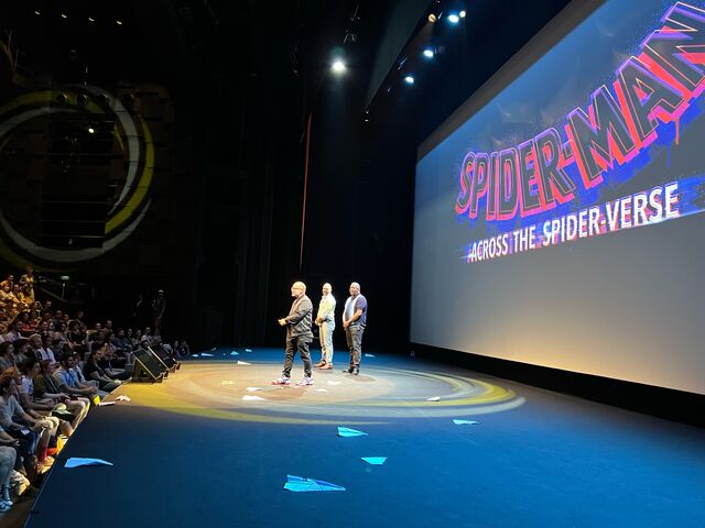 Directors Joaquim Dos Santos, Kemp Powers and Justin K. Thompson on stage at the Bonlieu Scène Nationale in Annecy. — Credit… Sony Pictures Animation
