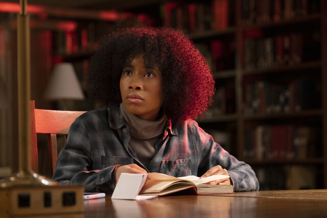 Zoe Renee as Jasmine Moore at the library in Master.