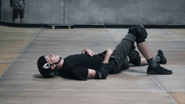 Hawk rests between skates in his home bowl in Tony Hawk: Until the Wheels Fall Off. — Credit… HBO