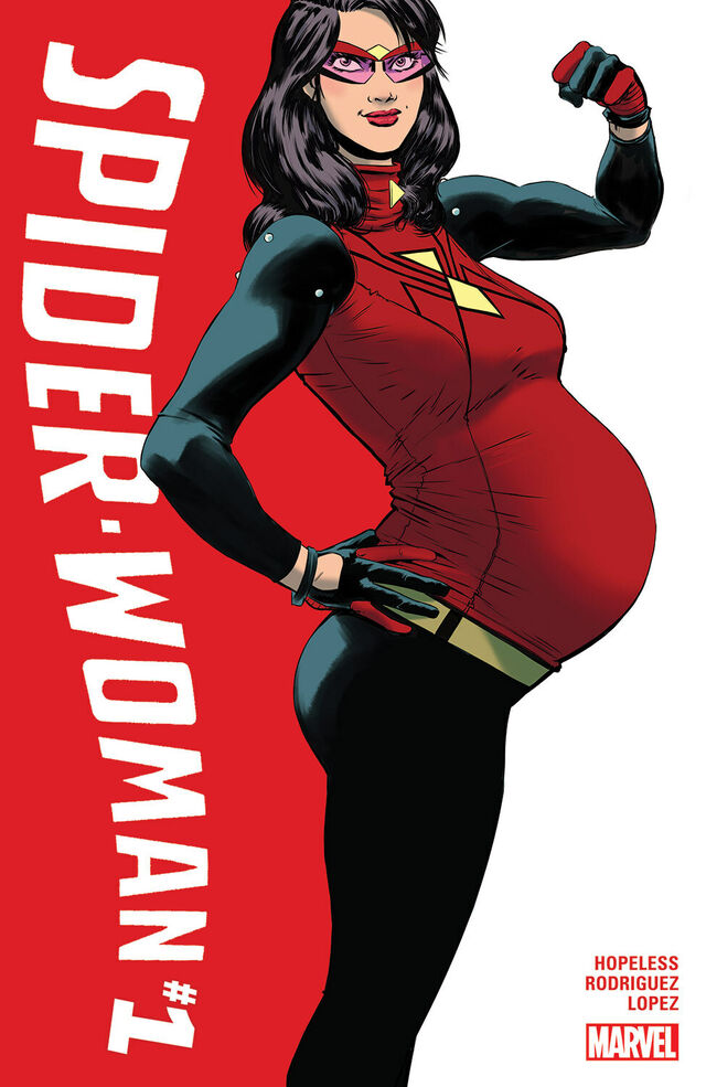 Jessica Drew’s Spider-Woman in Issue 1 of Dennis “Hopeless” Hallum’s 2015 comic. Art by Javier Rodriguez.
