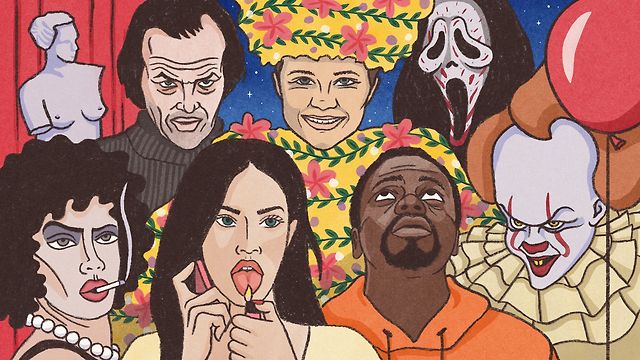 Jack Torrance, Dani Ardor, Ghostface, Dr. Frank-N-Furter, Jennifer Check, OJ Haywood and Pennywise celebrate their list inclusion with a party in the Black Lodge. Illustration by Samm Ruppersberger.