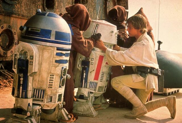 R5-D4 has performance issues in Star Wars (1977), David Earl’s most memorable movie robot scene.