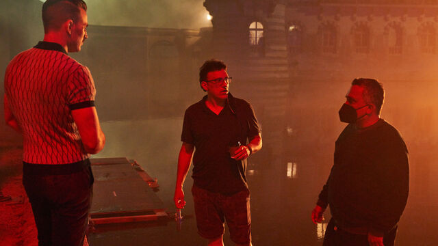 Chris Evans, Anthony Russo and Joe Russo on the set of The Gray Man.