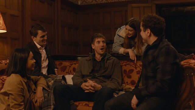 L-R: Georgina Campbell, Graham Dickson, Tom Stourton, Antonia Clarke and Joshua McGuire in All My Friends Hate Me.