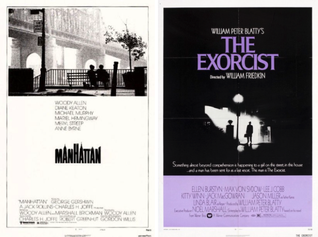L: Theatrical poster for Manhattan (1979), R: Theatrical poster for The Exorcist (1973).