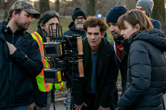 Director of photography Alice Brooks, Andrew Garfield and director Lin-Manuel Miranda on location for tick, tick…BOOM! — Photographer… Macall Polay