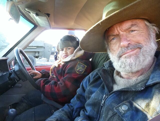 Julian Dennison and Sam Neill prepare for the car chase (plotted with toy cars by Waititi).