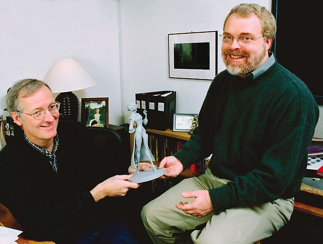 Directors John Musker and Ron Clements with a maquette of Treasure Island’s Captain Amelia.