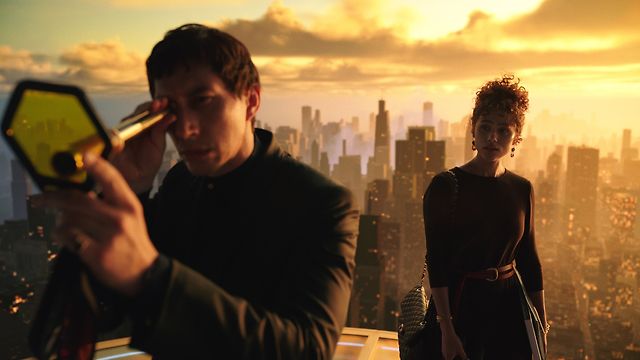 Adam Driver and Nathalie Emmanuel atop the New Rome skyline.