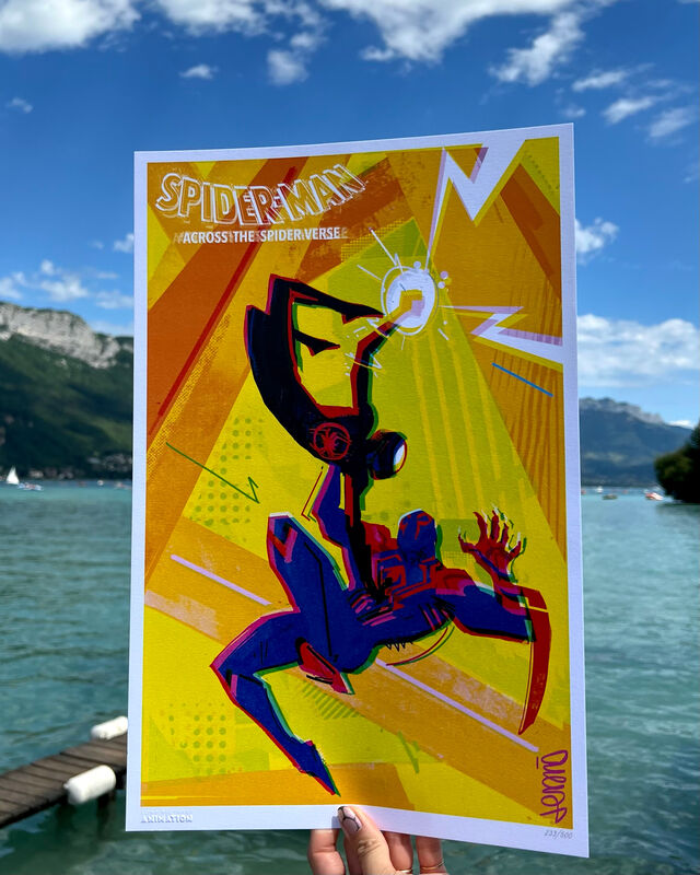 The exclusive Spider-Man: Across the Spider-Verse lithograph produced for Annecy attendees. Art by Jesús Alonso Iglesias. — Credit… Sony Pictures Animation