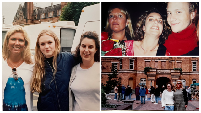 Karen McCullah and Kirsten “Kiwi” Smith with Julia Stiles on set (left); with Heath Ledger at the film’s premiere (top right); the screenwriters on the high school location of 10 Things I Hate About You. — Credit… Kirsten “Kiwi” Smith