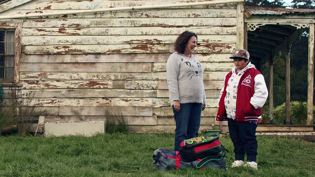Rima Te Wiata, as Aunty Bella, welcomes Ricky to the farm.