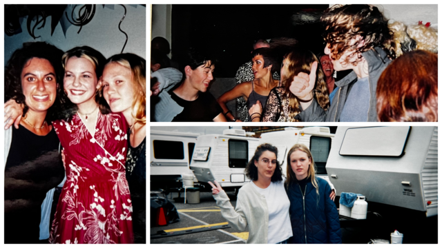 Kiwi, Larisa and Julia (left); Joe and Heath carve up the dancefloor at the wrap party (top right); Kiwi and Julia in the production village (bottom right). — Credit… Kirsten “Kiwi” Smith