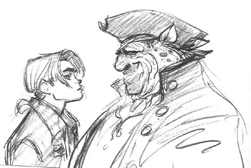 Concept drawing of Jim Hawkins and John Silver.